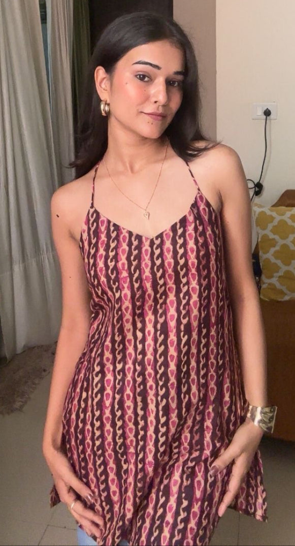 Printed Halter Neck Short Kurti with Back Tie-Up