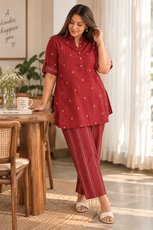 Maroon Motif Handwoven Co-ord Set with Striped Pants