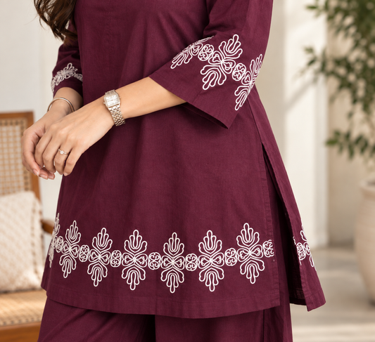 Maroon Embroidered Co-ord Set with White Threadwork