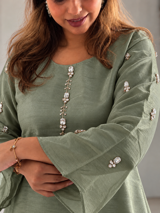 Moss Green Crystal Embellished Pure Tissue Co-ord Set with Flared Sleeves