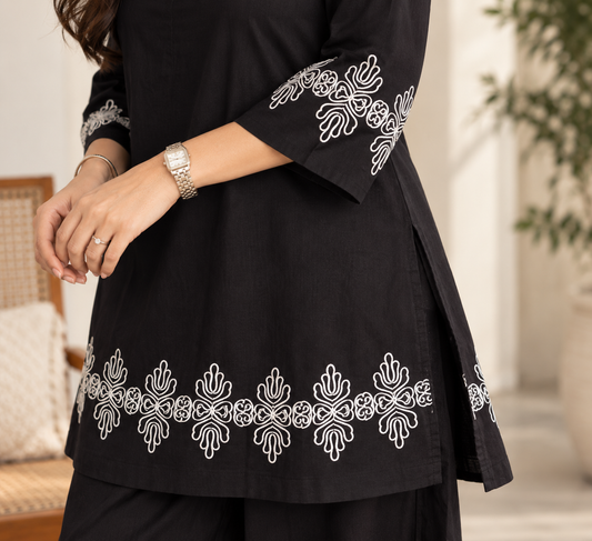 Black Embroidered Co-ord Set with White Threadwork