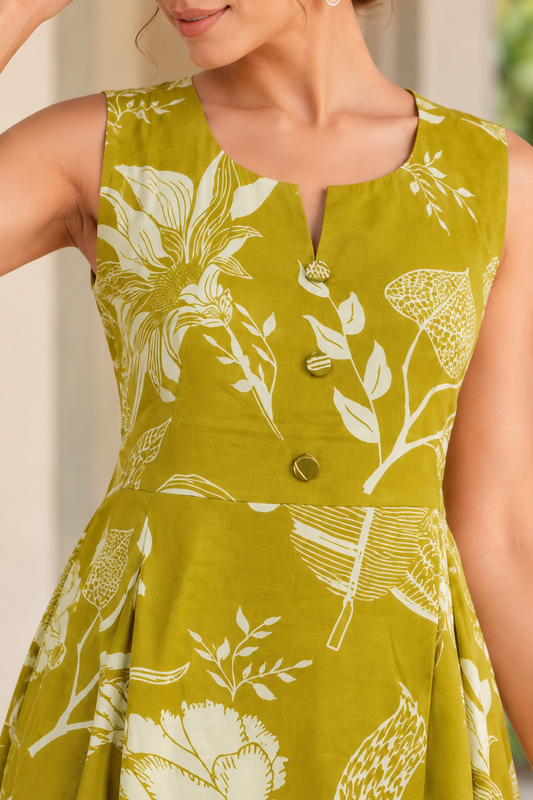 Mustard Yellow Floral Printed Viscose Muslin Midi Dress With Sleeves Fabric Separate