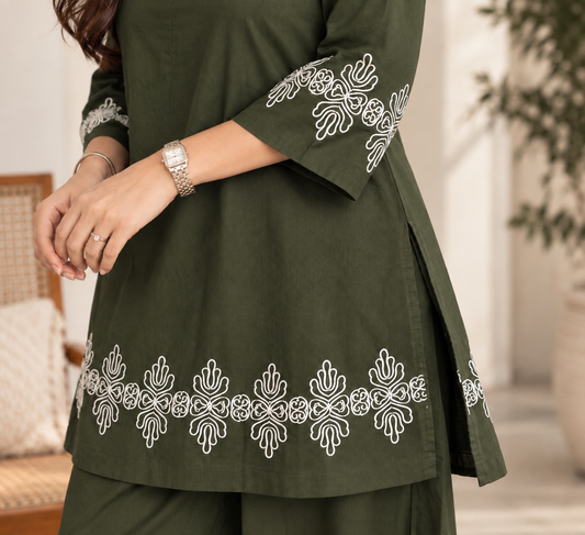 Olive Embroidered Co-ord Set with White Threadwork