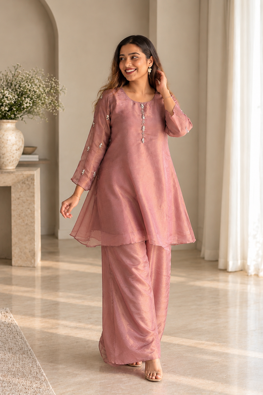 Plum Crystal Embellished Pure Tissue Co-ord Set with Flared Sleeves