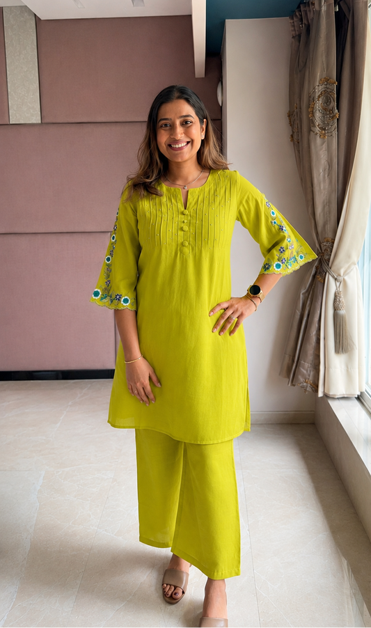 Lime Green Embroidered Sleeve Co-ord Set with Wide-Leg Pants