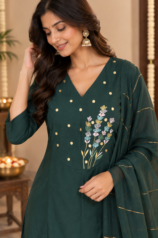 Forest Green Embroidered Kurta Set With Dupatta