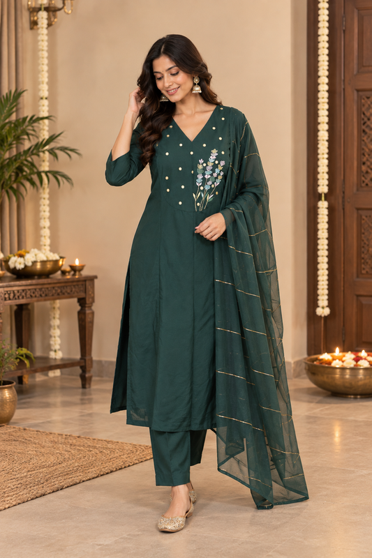 Forest Green Embroidered Kurta Set With Dupatta