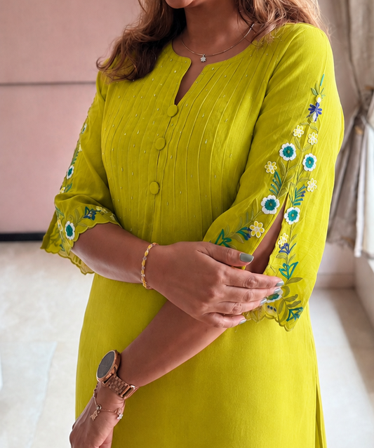Lime Green Embroidered Sleeve Co-ord Set with Wide-Leg Pants