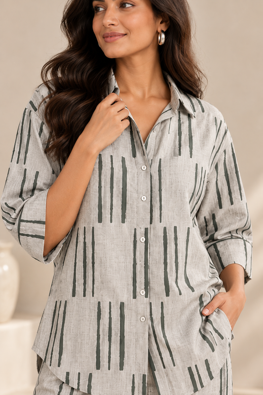 Grey Linen Cotton Hand Block Print Shirt & Wide-Leg Trouser Co-Ord Set