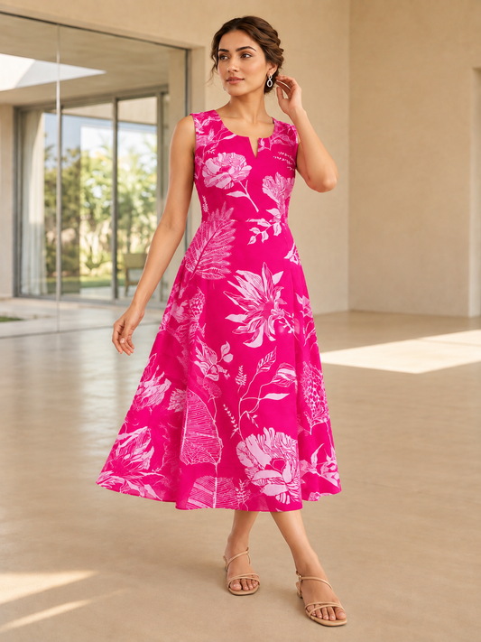 Bright Pink Printed Viscose Muslin Midi Dress With Sleeves Fabric Separate
