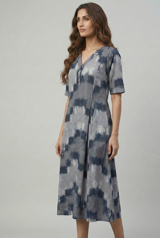 Grey Blue Abstract Printed Flared Midi Dress for Women with Pocket