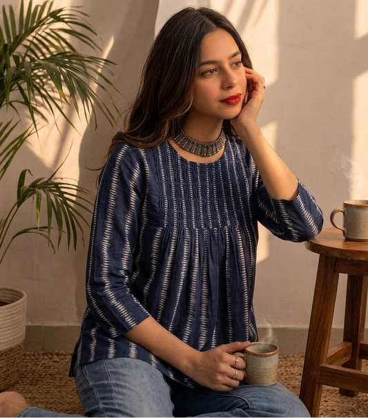 Midnight Stripe Textured Printed Short Tunic