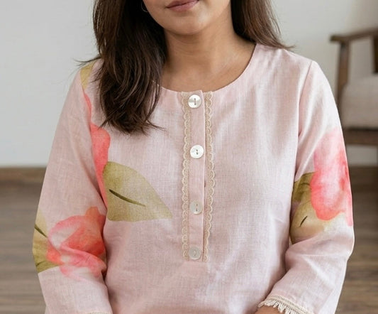 Baby Pink Floral Printed Linen Co-ord Set