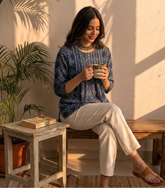 Midnight Blue Textured Printed Short Tunic