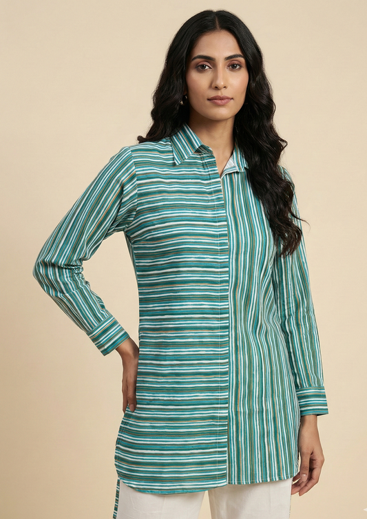 Striped Shirt Style Top for Women with Straight Pants Co-ord Set