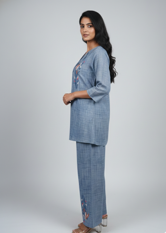 Denim Blue Co-ord Set for Women With Cute Embroidery