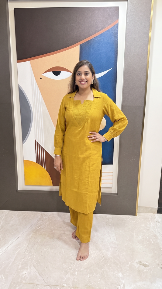 Mustard Crushed Cotton Kurti Set With Smocked Neckline