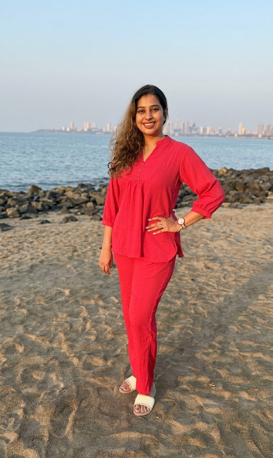 Textured Office Wear Co-ord Set Red