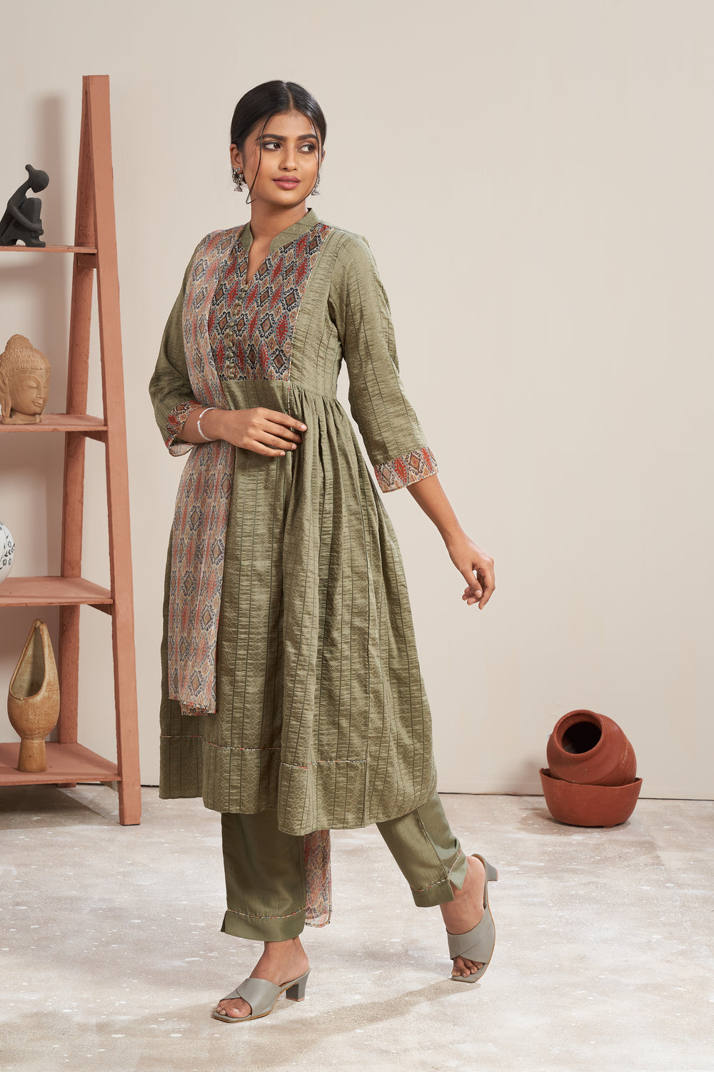 Side Pleats Kurti Set With Dupatta