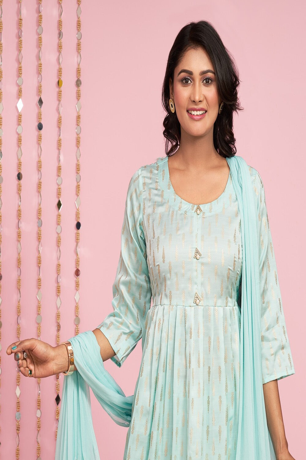 Foil Printed Anarkali Kurti Palazzo Set With Dupatta