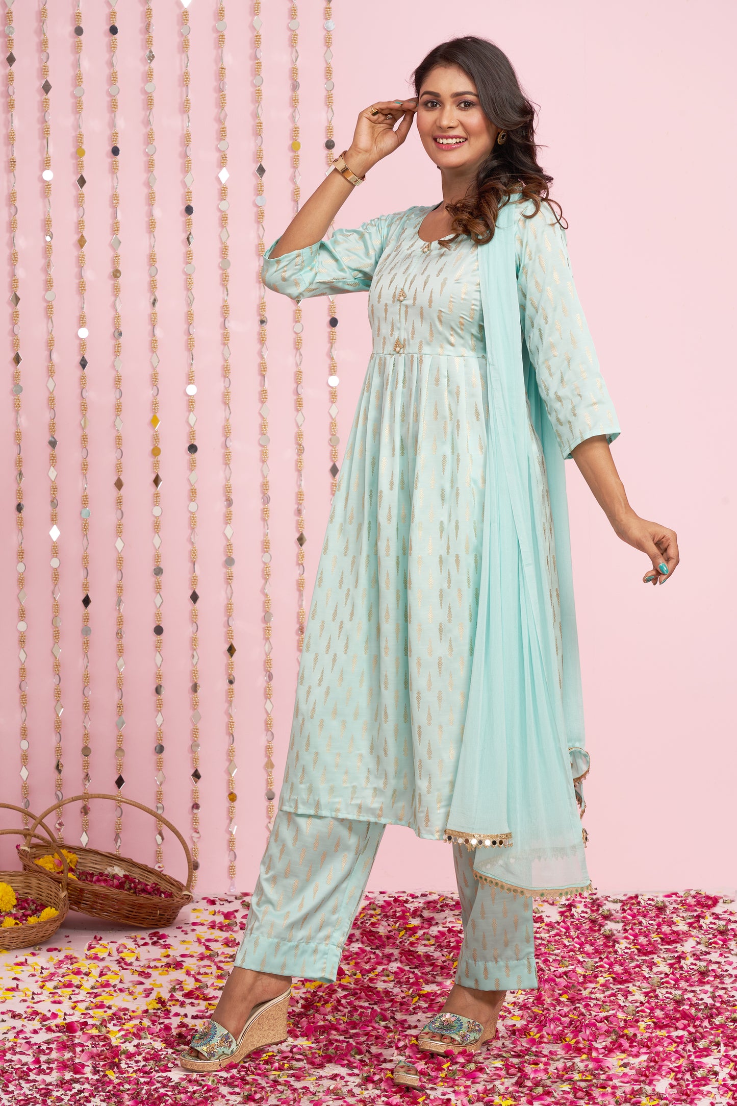 Foil Printed Anarkali Kurti Palazzo Set With Dupatta