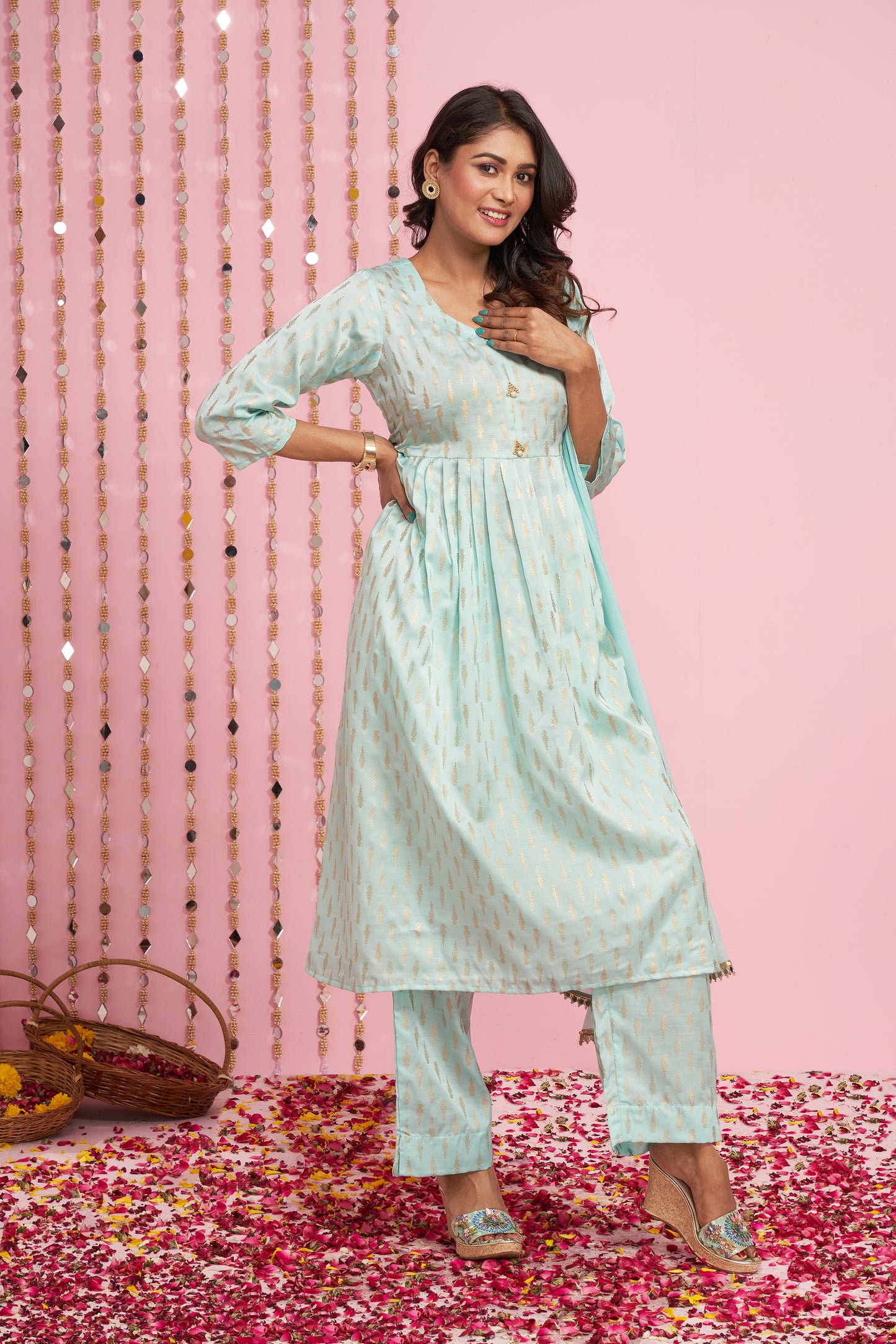 Foil Printed Anarkali Kurti Palazzo Set With Dupatta