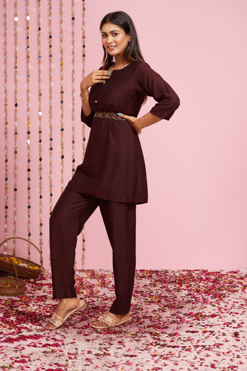 A-line Kurti Set With Embellished Details Belt