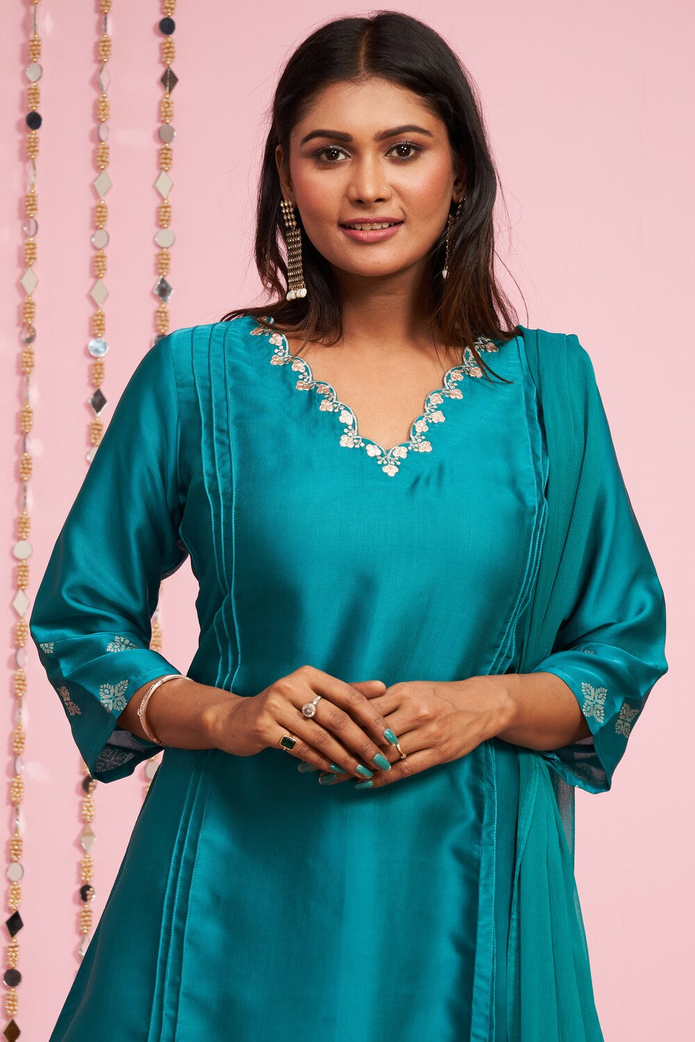 Silk Kurti With Foil Printed Pants And Dupatta