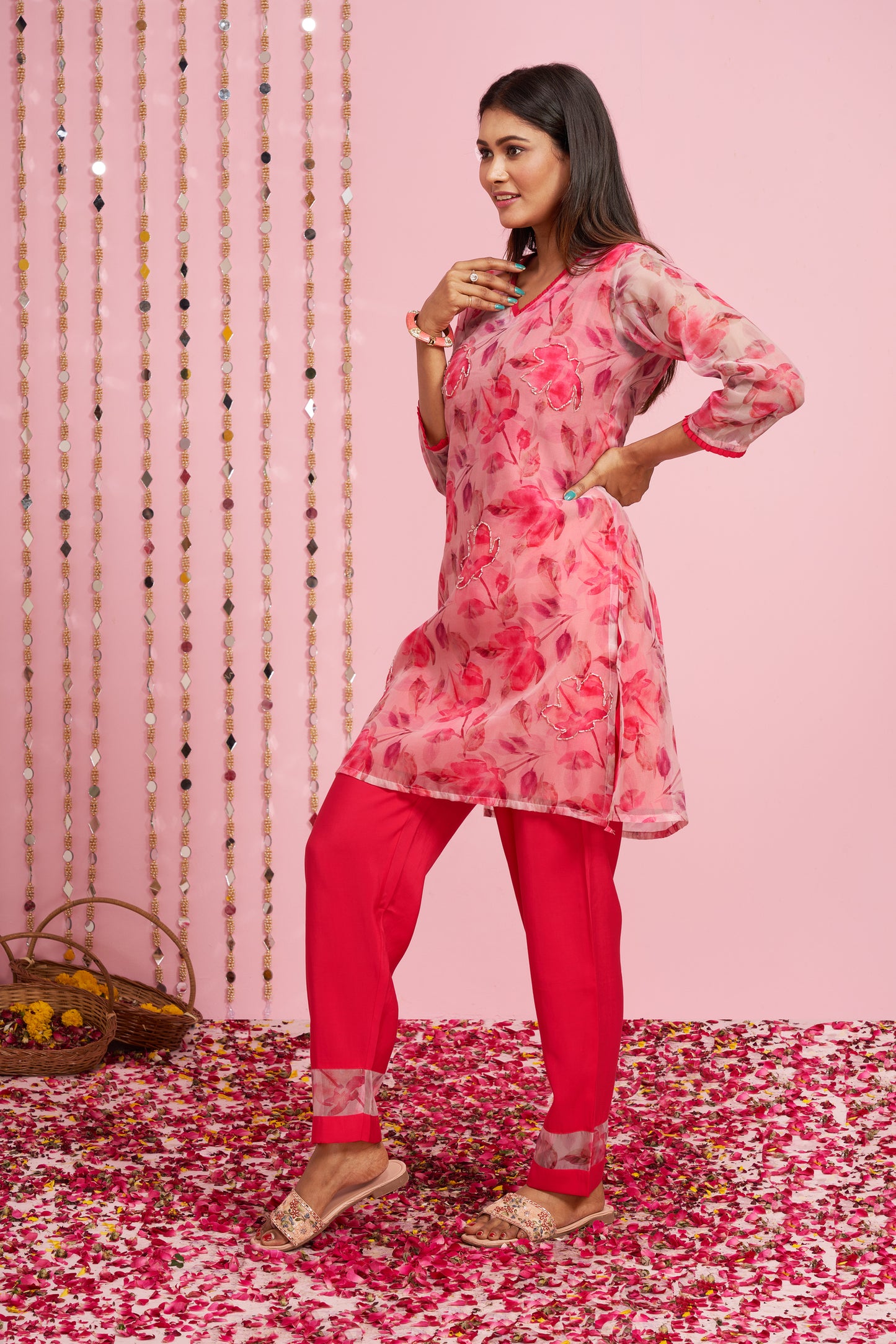 Floral Printed Organza Kurti Set