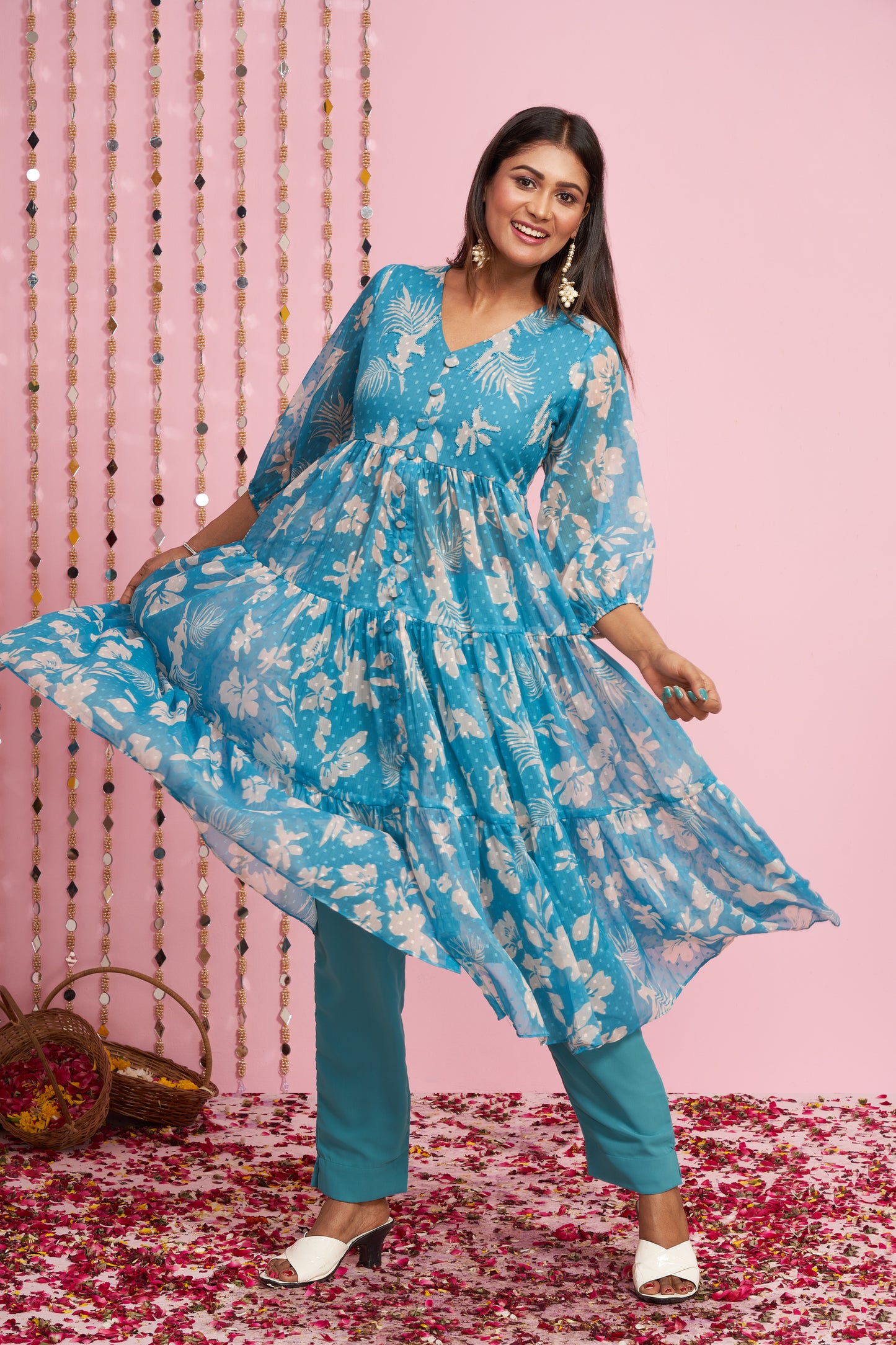 Floral Printed A-line Pattern Layered Kurti Set I-6552
