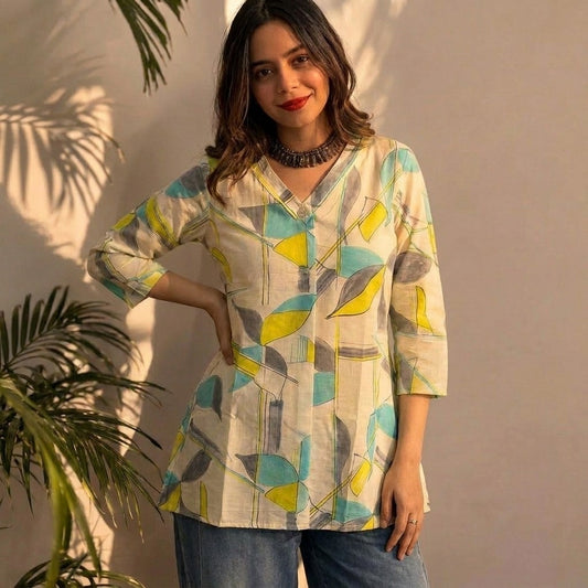 Abstract Leaf Printed Short Tunic