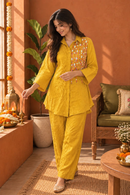 Mustard Beaded Embellished Wrinkled Shirt-Style Co-ord Set