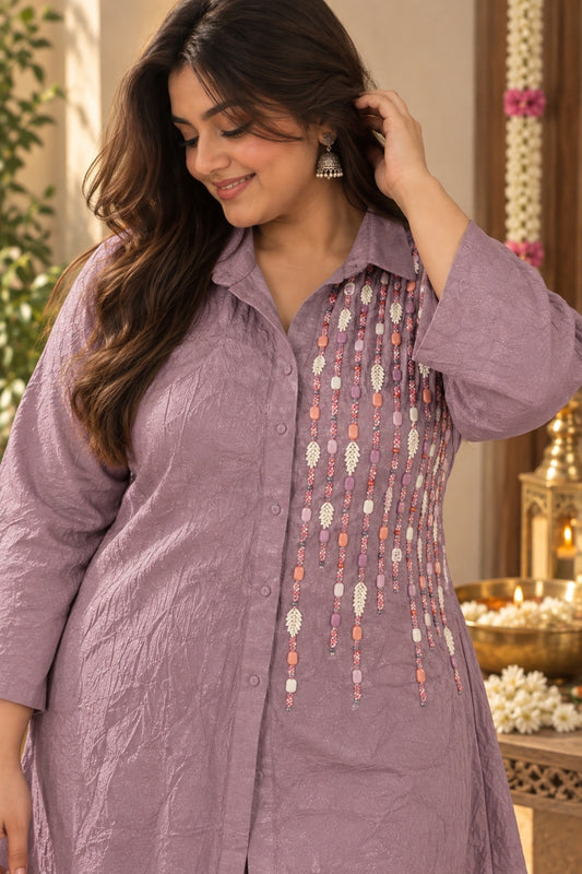 Pastel Lilac Beaded Embellished Wrinkled Shirt-Style Co-ord Set