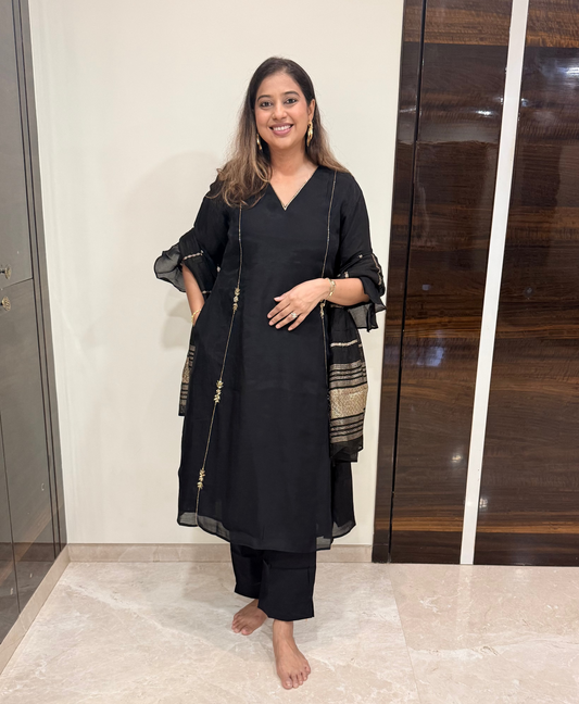 Black Handwork A-Line Kurta Pant Dupatta Set With Pocket