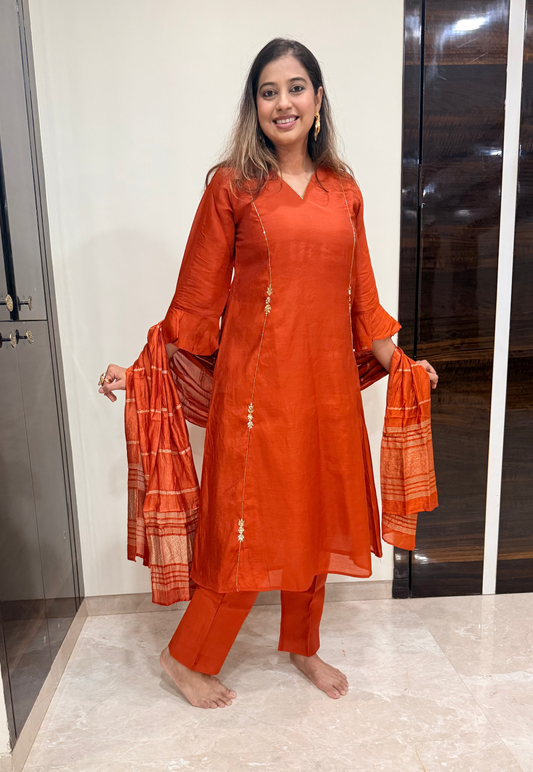 Rust Copper Handwork A-Line Kurta Pant Dupatta Set With Pocket