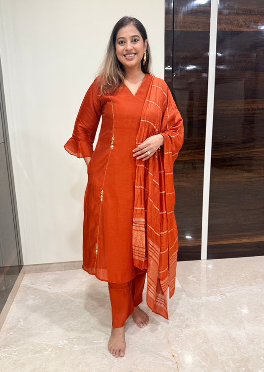 Rust Copper Handwork A-Line Kurta Pant Dupatta Set With Pocket