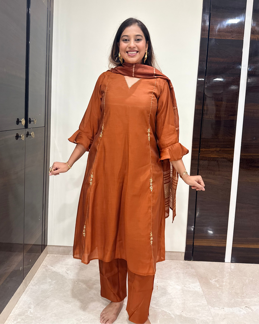 Rust Copper Handwork A-Line Kurta Pant Dupatta Set With Pocket
