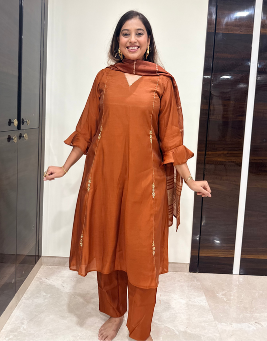 Golden Brown Handwork A-Line Kurta Pant Dupatta Set With Pocket