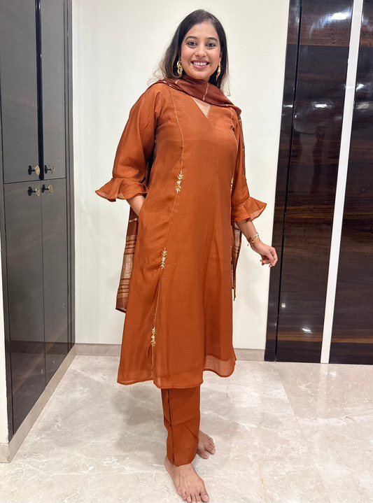 Golden Brown Handwork A-Line Kurta Pant Dupatta Set With Pocket