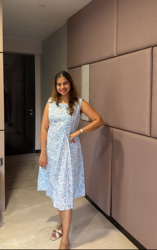 White & Blue Printed Sleeveless A-Line Dress for Women
