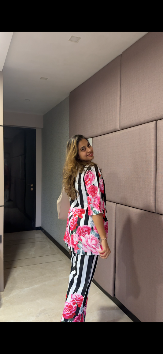 Black & White Striped Floral Printed Co-ord Set for Women – Winter Wear