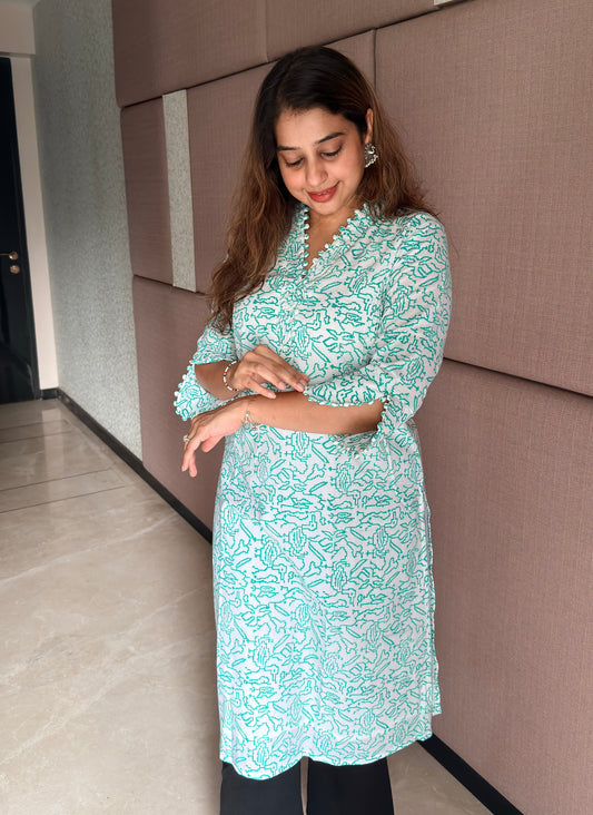 Mint Green Abstract Block Print Cotton Kurti
