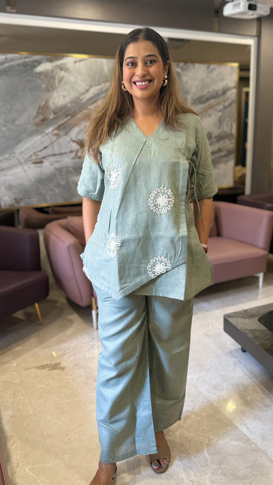 Embroidered Linen Co-ord Set Mint