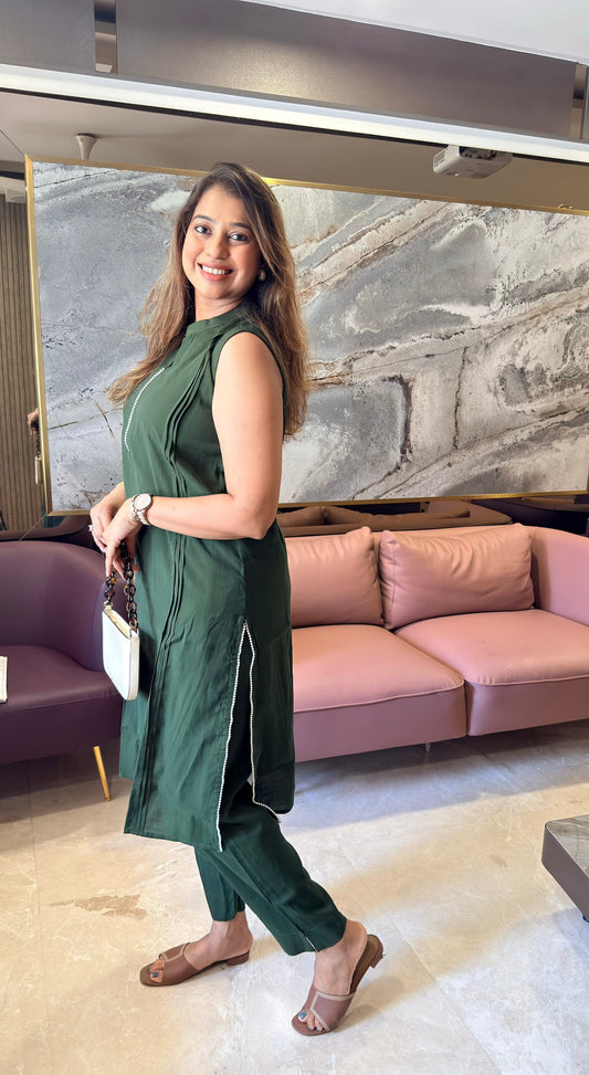 Olive Sleeveless Kurti Pant Set with Pearl Detailing