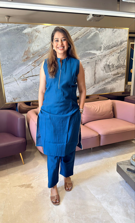 Royal Blue Sleeveless Kurti Pant Set with Pearl Detailing