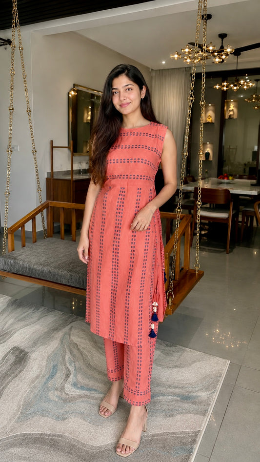 Coral Charm Printed Co-ord Set With Extra Sleeves Fabric