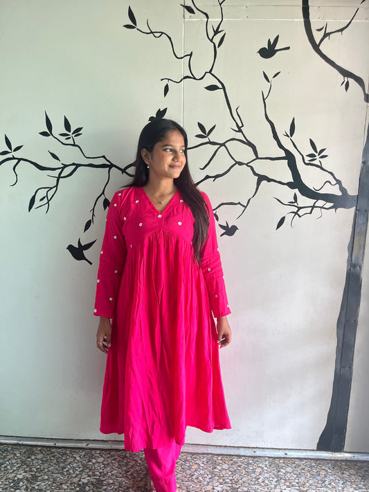 Fuschia Pink Soft Cotton Silk Minimal Embroidery Kurta Set
