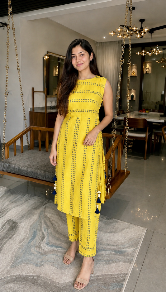 Sunset Tassel Woven Stripe Kurti Set