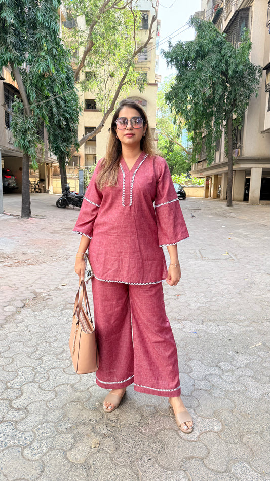 Maroon Linen Scallop Lace Co-ord Set