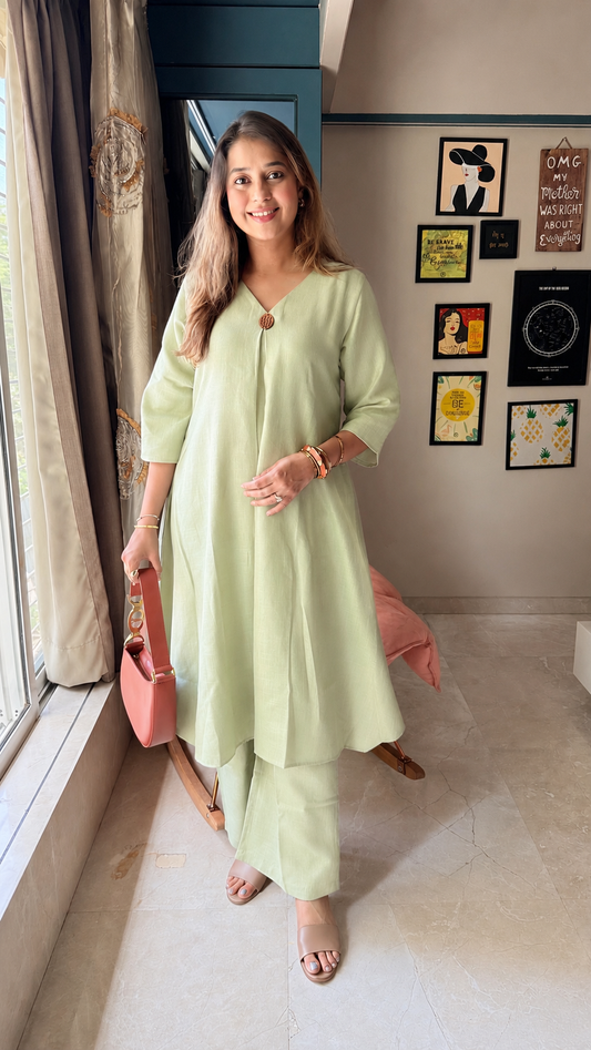 Pastel Pista Linen Kurti Set